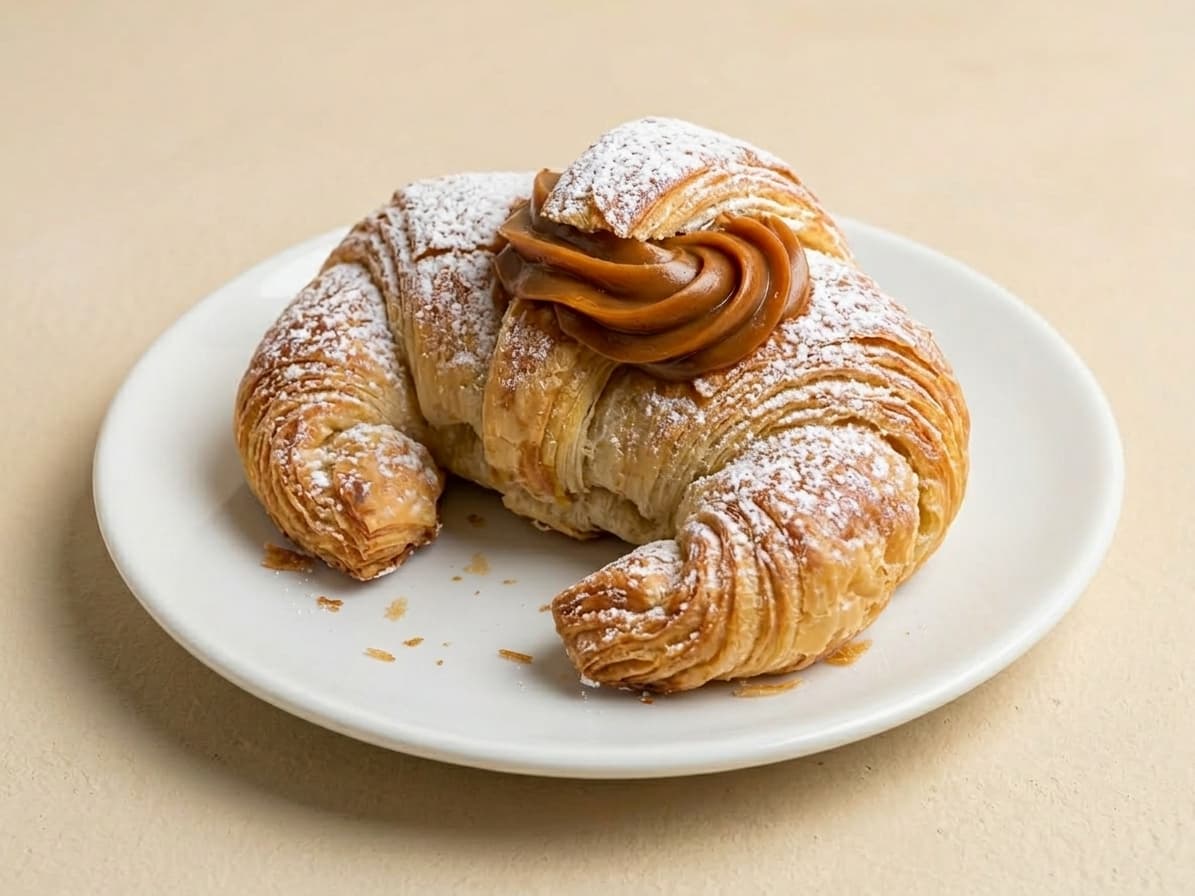 Medialuna rellena de dulce de leche sobre un plato blanco